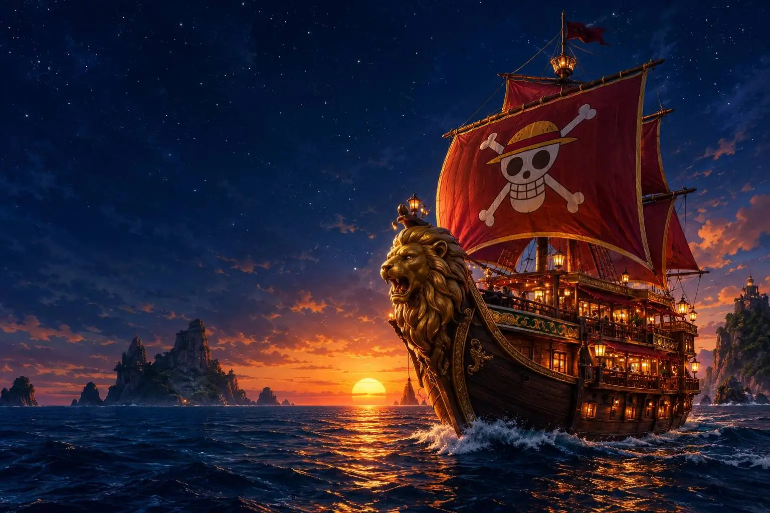 Original illustration of a lantern-lit restaurant galleon on a sunset sea